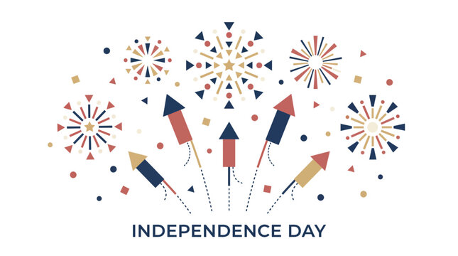 Vibrant independence day vector graphic illustration featuring stylized firework rockets and geometric starburst patterns in patriotic red blue and gold colors for festive holiday celebrations 