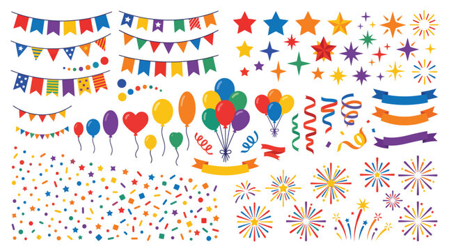 Colorful vector illustration set featuring festive party decorations like birthday bunting flags balloons ribbons confetti stars and bright fireworks isolated on a clean white background 