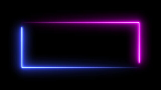 Glowing rectangle neon picture frame with two tone neon color motion graphic on isolated black background.