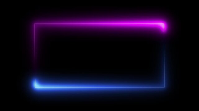 Glowing rectangle neon picture frame with two tone neon color motion graphic on isolated black background.