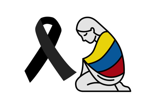 Mujer arrodillada cubierta con bandera de Venezuela y lazo negro de luto