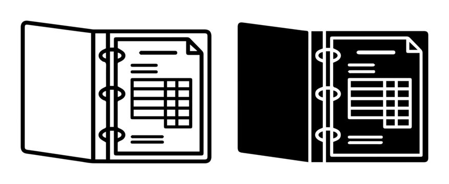 Black and white notebook icons, vector notebook illustrations, simple binder designs, line art documents