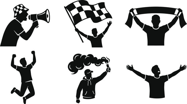 Sports Fan and Ultras Silhouette Vector Set Featuring Cheering Supporter Megaphone, Waving Checkered Flag, Holding Scarf, Jumping Celebration, and Smoke Flare Symbols
