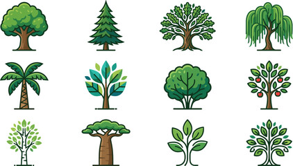 Collection of twelve different types of stylized trees isolated on white background ©  GraphixaX
