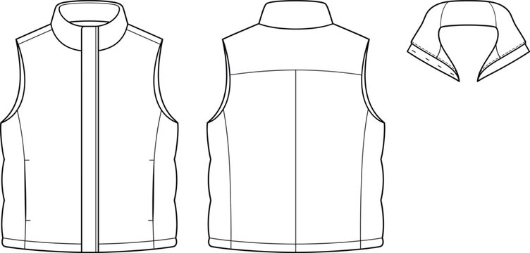 Puffer vest technical fashion sketch illustration template with front back and collar details vector drawing.