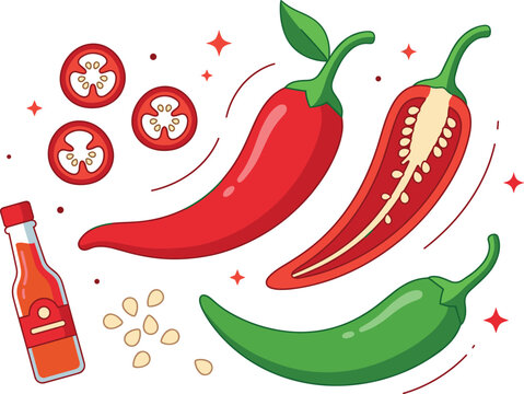 Hot red and green chili pepper vector set featuring whole pod, half slice showing seeds, spicy sauce bottle and chopped rings isolated on white background
