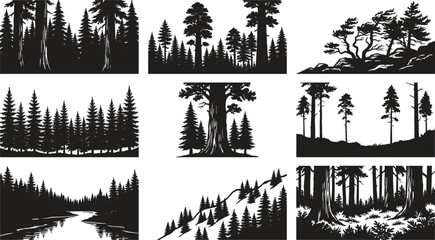 Black and white forest trees vector illustration collection with different styles ©  GraphixaX