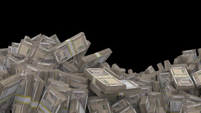 3d animation of 500 indian rupee banknote stacks moving in a wavy water-like motion on a black background.