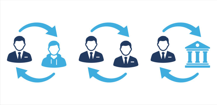 Business Person Exchange Icon Set with People and Bank Symbols for Financial Transactions