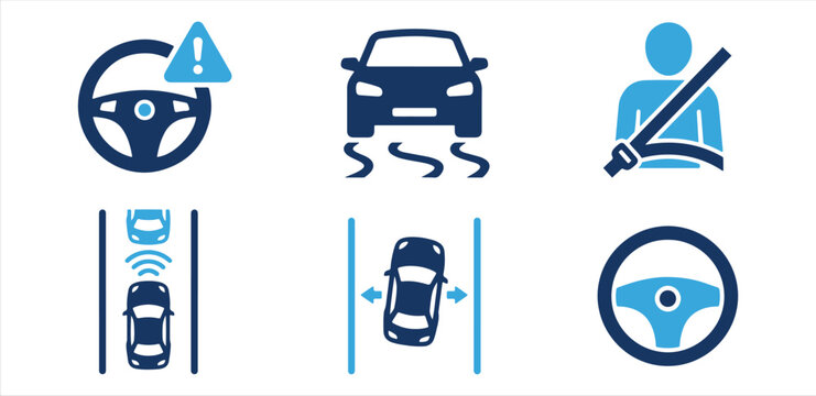 Automotive Safety Icons Set for Car Dashboard Systems and Modern Driving Assistance Features