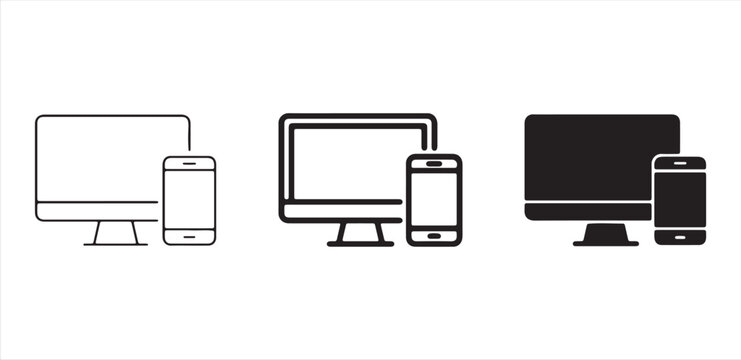 Responsive Design Icons Set Featuring Computer Monitor and Smartphone Vector Illustration