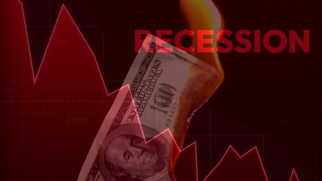 A burning hundred-dollar bill set against a falling red graph and the word "RECESSION", illustrating economic crisis and financial loss.