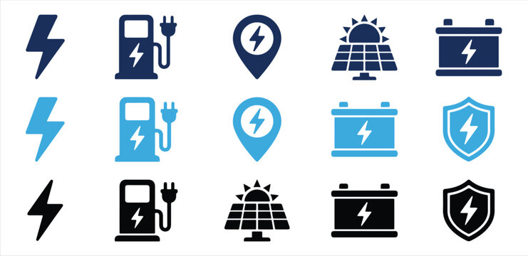 Renewable Energy and Electric Vehicle Charging Station Icon Set Vector Illustration