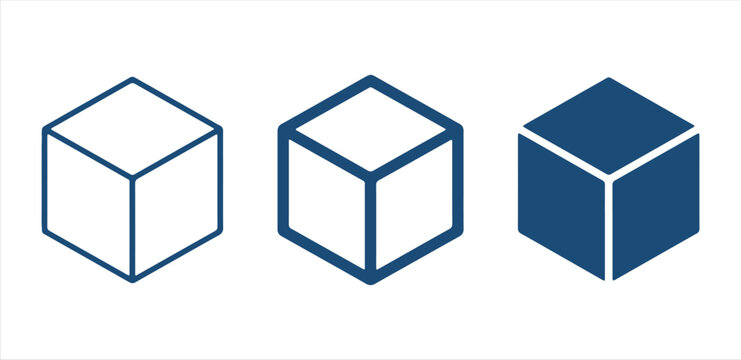 Set of Three Minimalist Isometric Blue Cube Icons for Graphic Design and UI Web Interfaces
