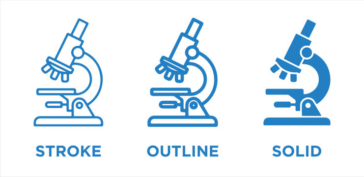 Microscope Icon Set: Stroke, Outline, and Solid Vector Designs for Science and Laboratory Apps