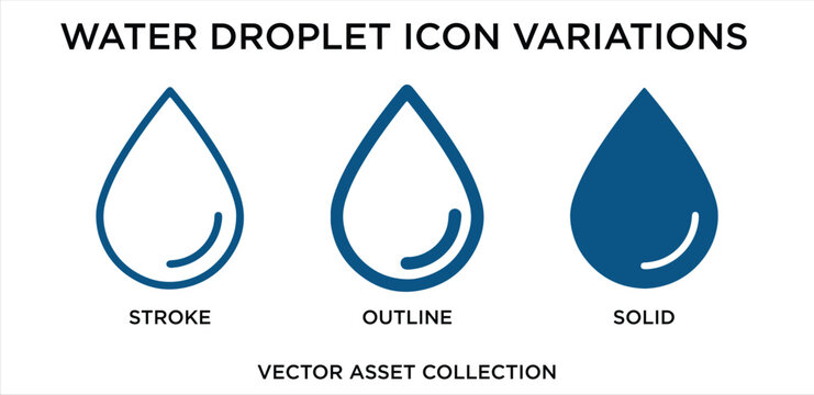 Water Droplet Icon Variations Set in Stroke Outline and Solid Vector Asset Collection