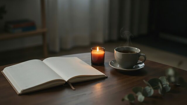 An open notebook with blank white pages resting on a dark wooden table beside a warm glowing candle and a steaming cup of coffee in a cozy dimly lit room for quiet evening reflection and journaling
