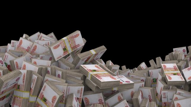 3d animation of 5000 russian ruble banknote stacks moving in a wavy water-like motion on a black background.