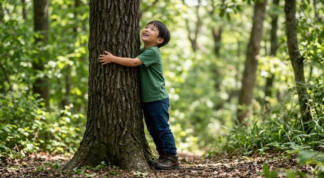 Joyful Japanese boy hugging a large tree trunk in a sunlit forest. Happy child expressing love for nature and the environment
