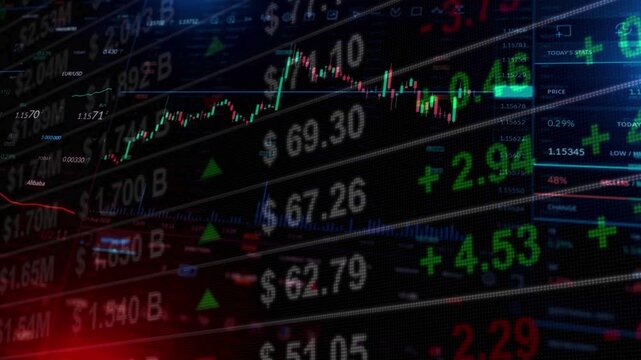 Glowing candlestick charts and large million-dollar figures on a dark trading dashboard. Represents high-volume trading, cryptocurrency markets, and financial data analysis.
