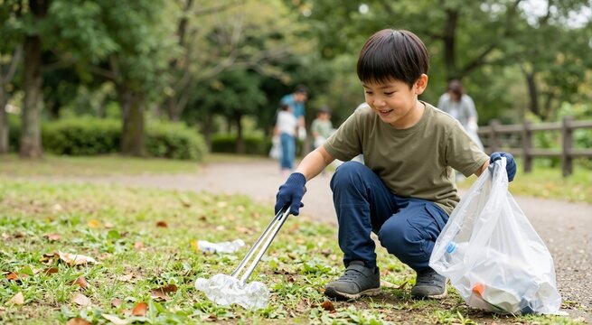 Japanese boy picking up plastic bottle litter with tongs in a park. Young child volunteering for environmental cleanup with garbage bag