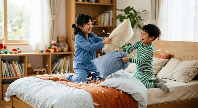 Japanese siblings having a pillow fight on a bed. Happy children playing and laughing with flying feathers in a cozy bedroom