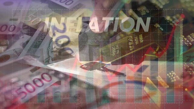 The word INFLATION overlaid on money, gold bars, real estate, and a red volatile stock market graph. Illustrates economic crisis, wealth depreciation, and financial risk.