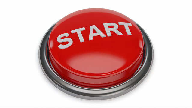 Glossy red start button on white background for launch action beginning and user interface