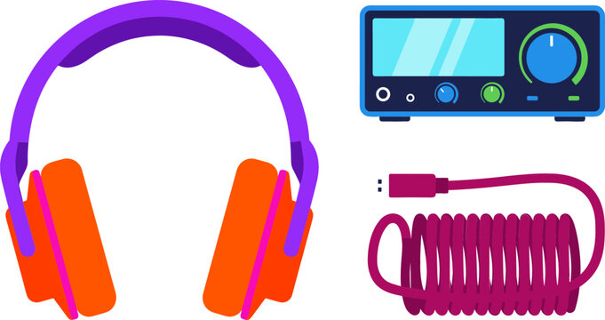 Professional Studio Monitoring Headset Vector Element Set with Desktop Headphone Amplifier DAC Unit and Coiled Audio Connecting Cable for Sound Engineering Designs