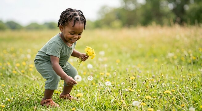 Smiling African toddler picking dandelions in green grassy field. Happy little boy in green romper exploring nature outdoors. Summer childhood activity