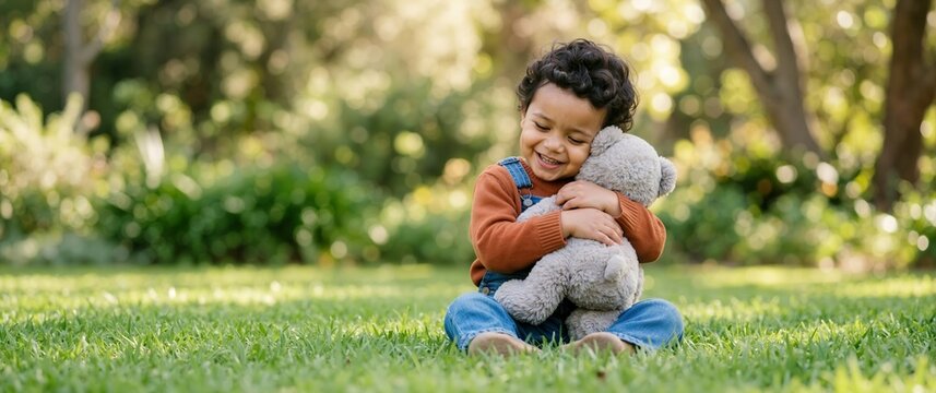 Happy toddler boy hugging a plush teddy bear while sitting on green grass. Smiling child in denim overalls playing in a sunny park. Wide banner with copy space