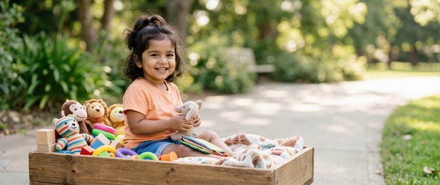 Happy toddler girl sitting in a wooden wagon filled with plush toys. Smiling child holding a stuffed elephant in a sunny park. Wide banner with copy space for text