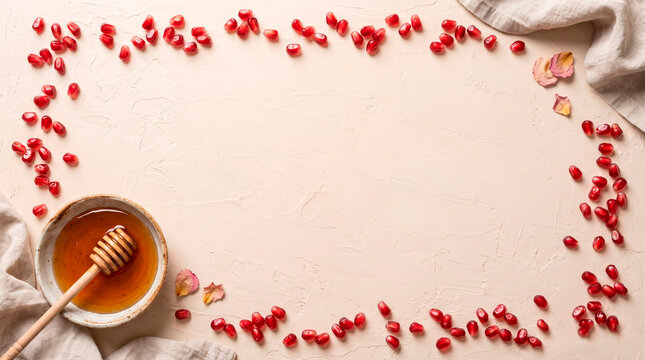 Honey bowl and pomegranate seed border on beige background, festive Rosh Hashanah greeting and sweetness concept