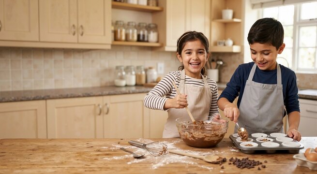 Happy siblings baking chocolate muffins in the kitchen. Boy and girl wearing aprons making dessert together at home. Family cooking and teamwork concept