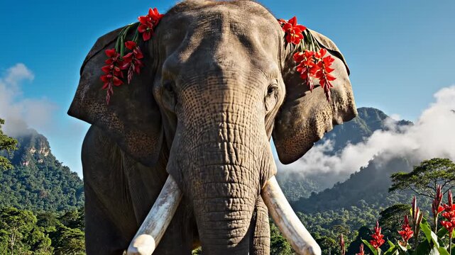 A majestic elephant adorned with vibrant red flowers stands in front of lush greenery and majestic mountains