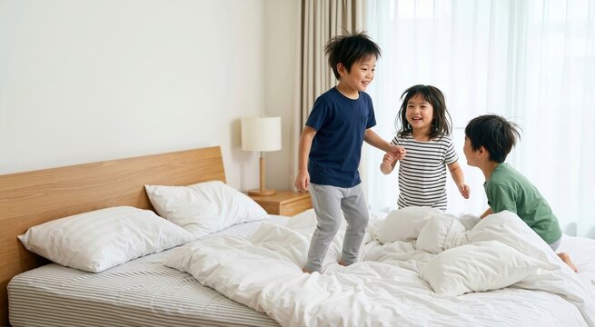 Three happy Japanese children jumping on a bed in a bright room. Energetic siblings playing and laughing together at home