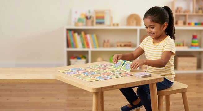 Indian child playing a memory matching card game at a wooden table. Young girl holding elephant cards in a bright playroom