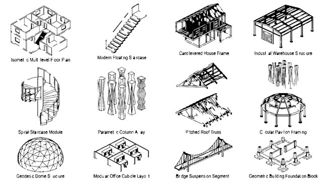 Collection of architectural structural diagrams and engineering sketches showing various building components and frame designs.