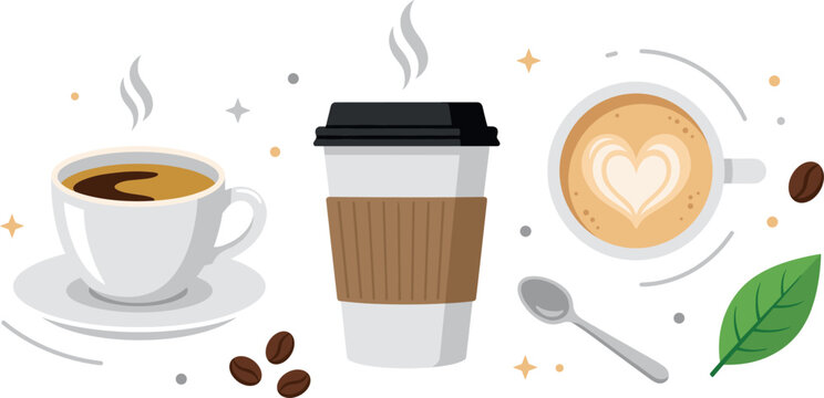 Coffee vector element set featuring hot ceramic cup, paper takeaway mug, latte art heart, spoon, roasted beans and green leaf isolated on white background.