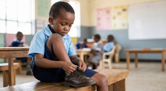 African schoolboy practicing tying his shoelaces. Focused Black child in blue uniform sitting on a wooden bench in a classroom