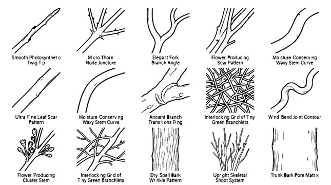 Collection of botanical line drawings showing various tree branch structures and bark patterns.