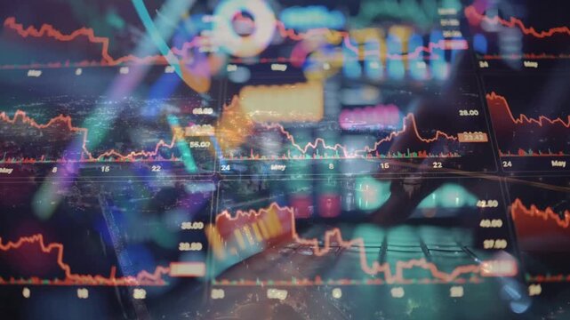 Digital screen displaying stock market graphs, candlesticks, and financial data with a bokeh light effect. Concept of technical analysis, forex trading, and investment strategy.