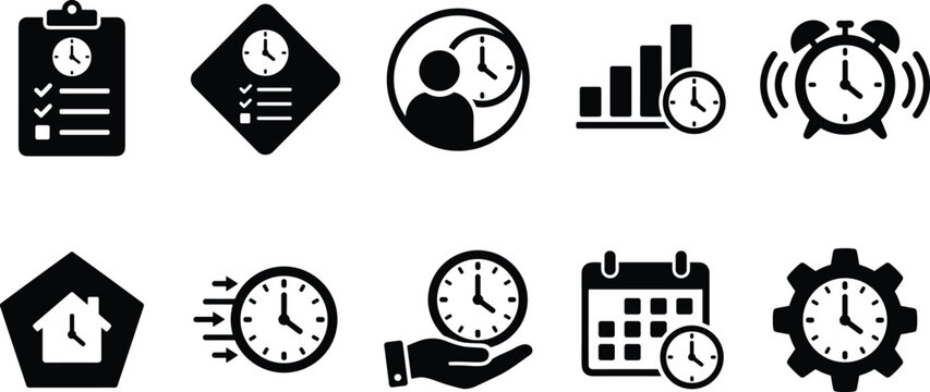 Set of business time management icons featuring clock elements and checkmarks on a transparent background style.