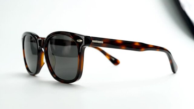 Stylish close-up of tortoise shell sunglasses, resting on a bright white surface, angled for a product shot