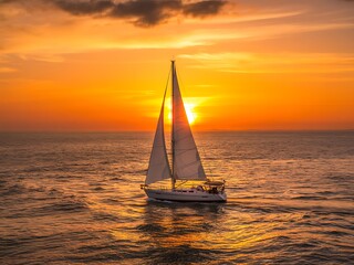 Fototapeta premium Sailboat Silhouette At Vibrant Sunset Ocean high resolution picture