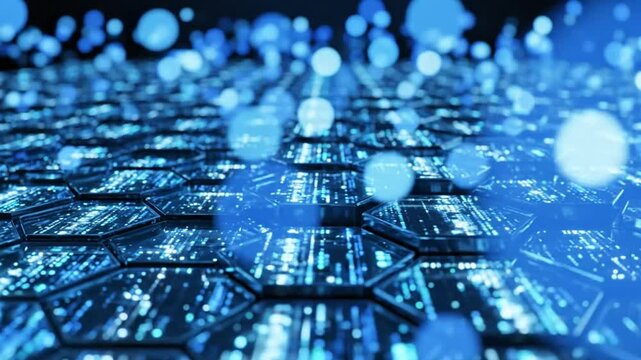 Futuristic abstract digital data stream flowing across hexagonal technology surface, concept of information