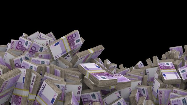 3d animation of 500 euro banknote stacks moving in a wavy water-like motion on a black background.