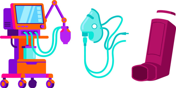 Respiratory Care Medical Vector Set with Intensive Care Ventilator Machine Oxygen Face Mask and Asthma Inhaler Device for Pulmonology Healthcare Graphic Designs