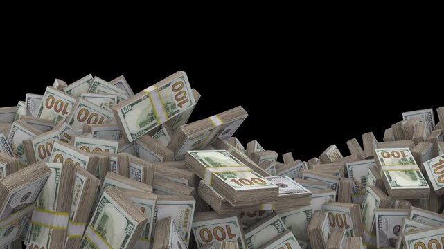 3d animation of 100 us dollar banknote stacks moving in a wavy water-like motion on a black background.