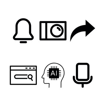 A 2x3 grid featuring 6 minimalist, monochrome UI icons. These flat vector assets cover a range of functions, including notifications, media capture, content sharing, web search